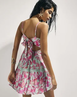 Green Floral Shirred Mini Dress