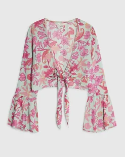 Green Floral Tie Front Beach Top