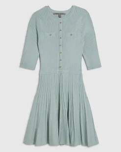 Green Knitted Pointelle Skater Mini Dress