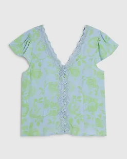 Green Lace Trim Floral Printed Blouse