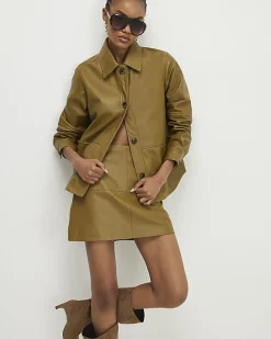 Green Leather Seam Detail Mini Skirt