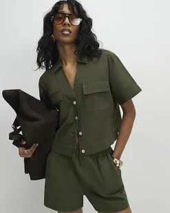 Green Linen Blend Boxy Shirt