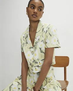 Green Linen Blend Floral Scallop Trim Jacket