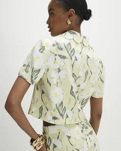 Green Linen Blend Floral Scallop Trim Jacket