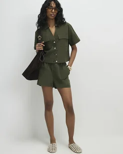 Green Linen Blend Pull On Shorts