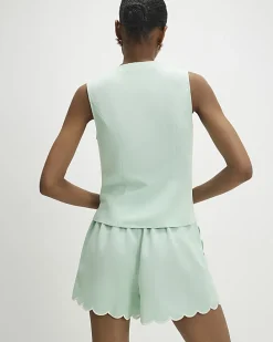 Green Linen Blend Scallop Trim Waistcoat