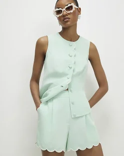 Green Linen Blend Scallop Trim Shorts