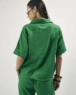 Green Linen Blend Short Sleeve Shirt
