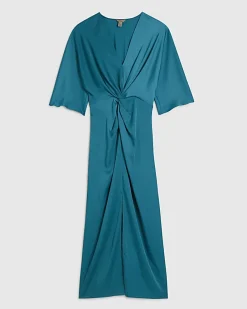 Green Long Sleeve Twist Front Midi Dress