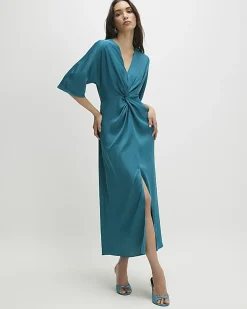 Green Long Sleeve Twist Front Midi Dress