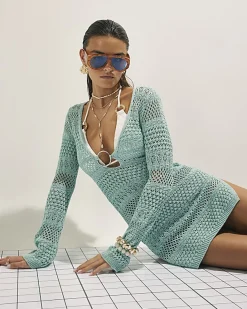 Green Metallic Knit Mini Beach Dress