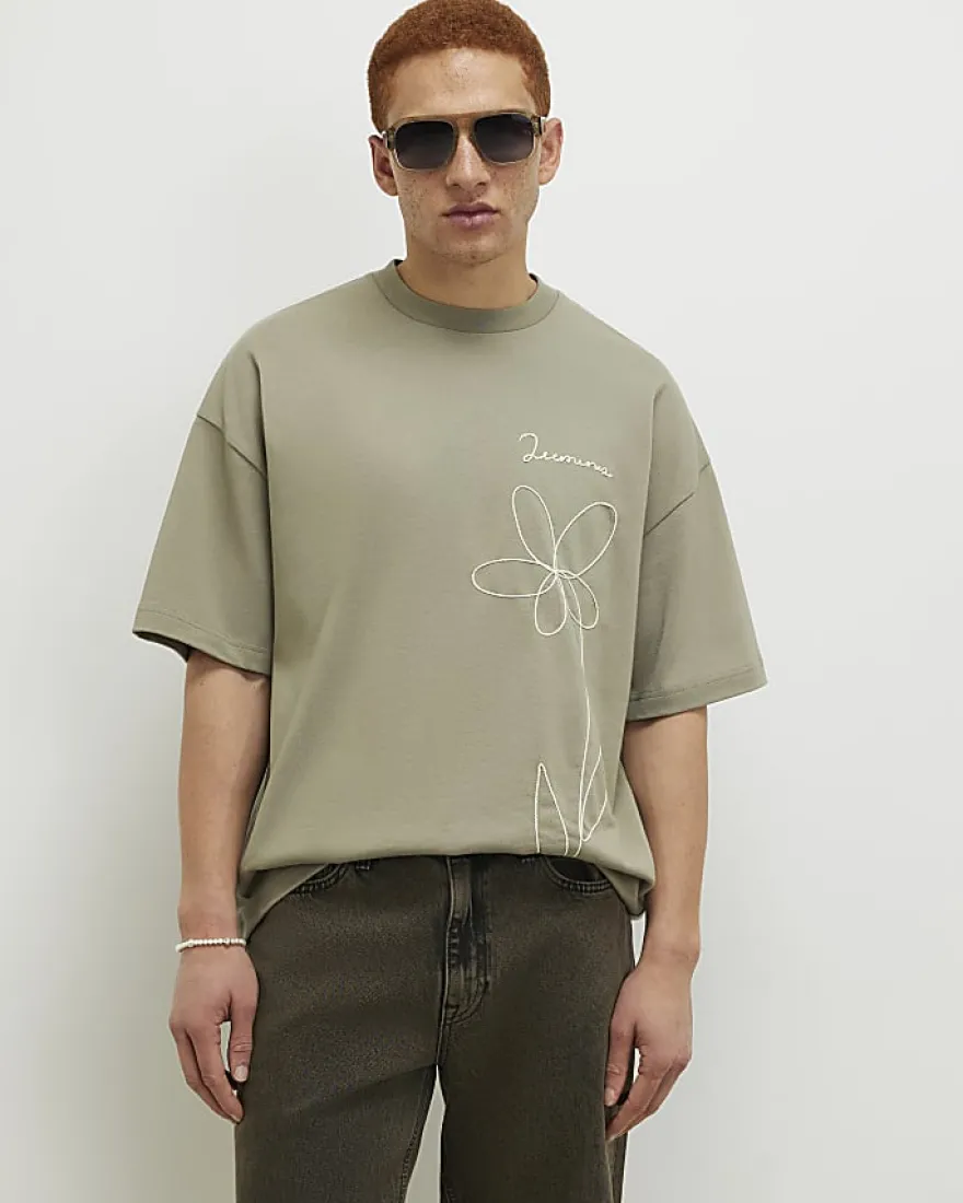 Green Oversized Fit Floral Roping T-Shirt