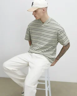 Green Oversized Fit Stripe V Neck T-Shirt