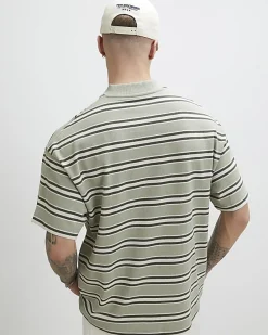 Green Oversized Fit Stripe V Neck T-Shirt