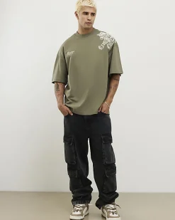 Green Oversized Fit Tiger Roping T-Shirt