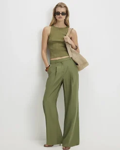 Green Pleat Detail Wide Leg Trousers