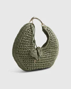 Green Raffia Metal Handle Scoop Bag