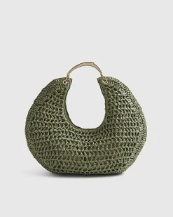 Green Raffia Metal Handle Scoop Bag