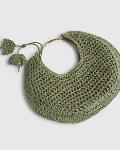 Green Raffia Metal Handle Scoop Bag