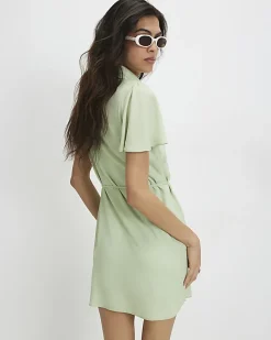 Green Scallop Mini Shirt Dress