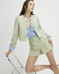 Green Scallop Trim Boucle Shorts