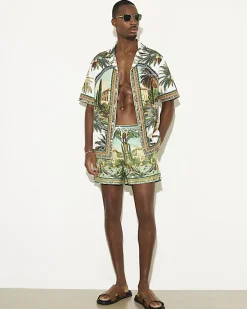 Green Short Length Palm Print Swim Shorts