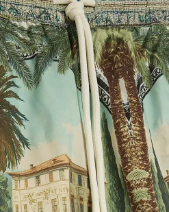 Green Short Length Palm Print Swim Shorts