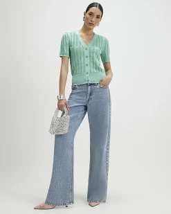 Green Short Sleeve Crochet Knit Cardigan