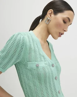 Green Short Sleeve Crochet Knit Cardigan