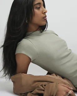 Green Short Sleeve Fitted Ribbed Top
