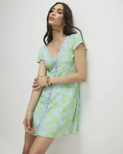 Green Short Sleeve Floral Print Mini Dress