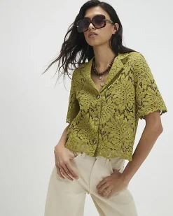 Green Short Sleeve Lace Shirt