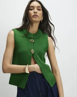 Green Sleeveless Button Cardigan