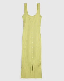 Green Sleeveless Ribbed Button Midi Dress