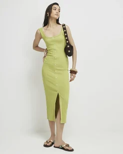 Green Sleeveless Ribbed Button Midi Dress