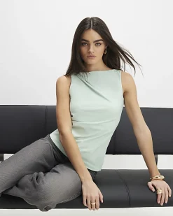Green Sleeveless Slash Neck Top