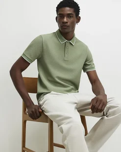 Green Slim Fit Textured Button Polo Shirt