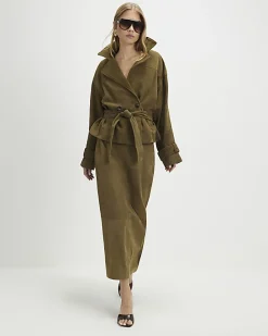 Green Suede Cropped Trench Coat