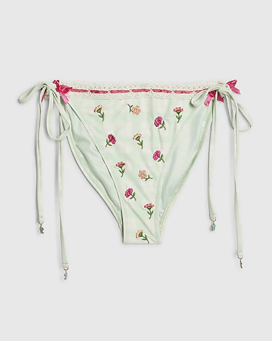 Green Tie Side Floral Lace Trim Bikini Brief