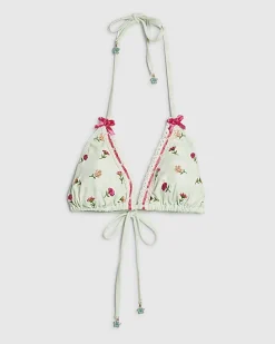 Green Triangle Floral Lace Trim Bikini Top