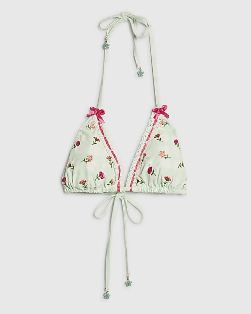 Green Triangle Floral Lace Trim Bikini Top