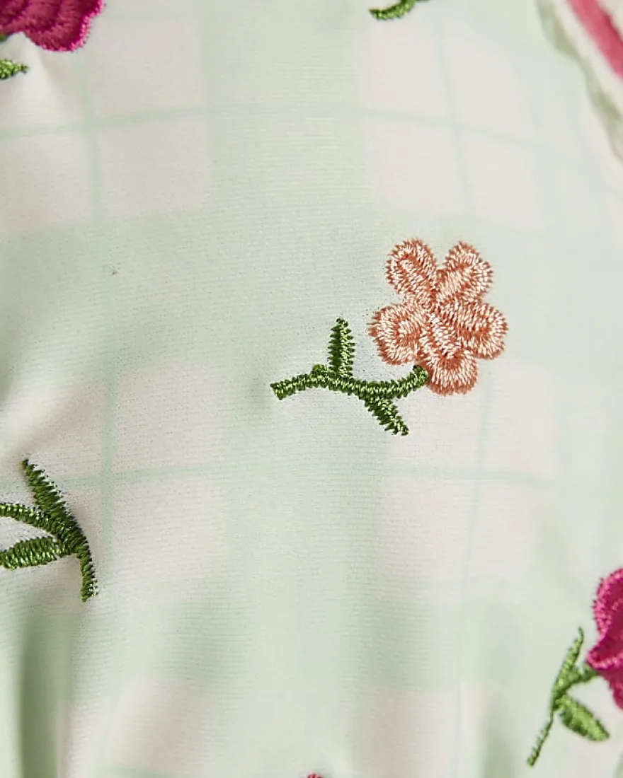 Green Triangle Floral Lace Trim Bikini Top