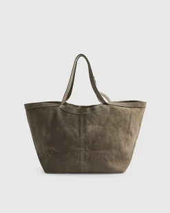 Grey Buckle Handle Suede Shopper Bag