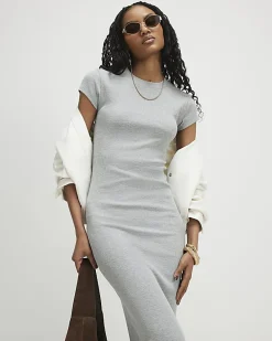 Grey Cap Sleeve Rib Midi T-Shirt Dress