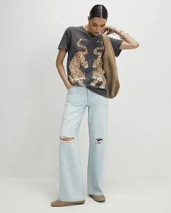 Grey Cotton Leopard Print T-Shirt