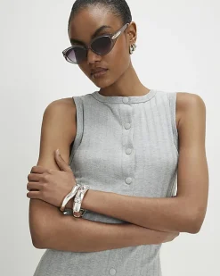 Grey Cotton Sleeveless Popper Mini Dress
