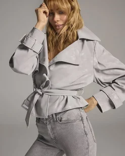 Grey Faux Leather Cropped Belted Trench Coat