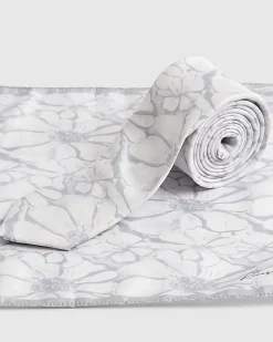 Grey Floral Tie And Handkerchief Set