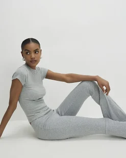 Grey High Waisted Ribbed Flare Leggings
