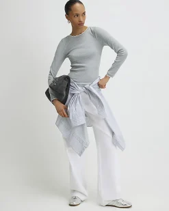 Grey Long Sleeve Scallop Trim Top
